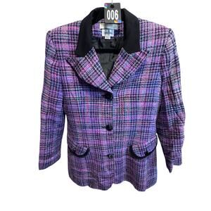 Vintage Leo Narducci Neiman Marcus Silk Tweed Plaid Blazer Jacket Purple Size 8